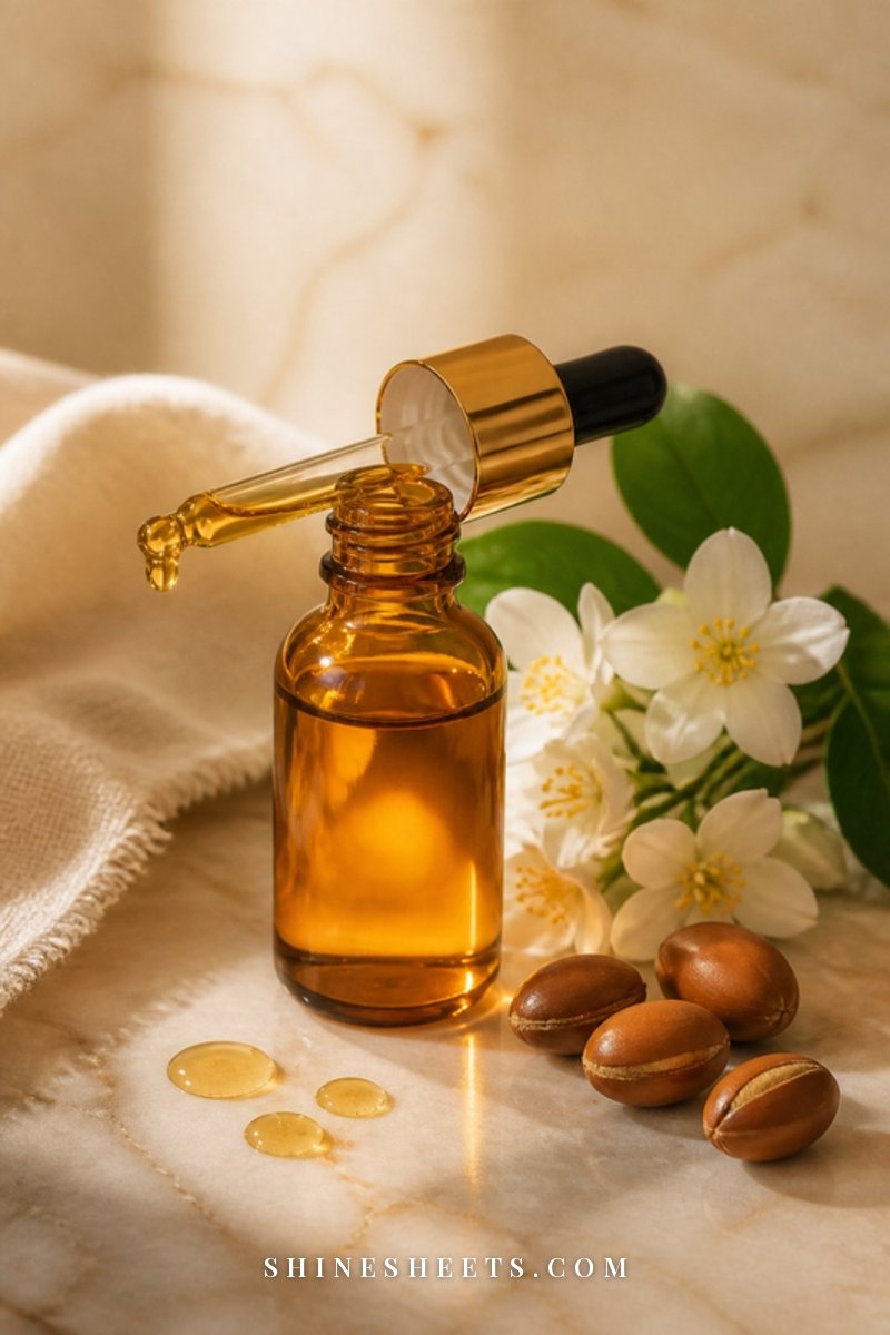 Amber glass dropper bottle of golden hair oil with a few drops on a cream marble surface and a sprig of white flowers