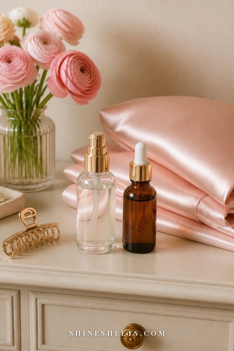 A clear serum bottle and an amber oil bottle side by side on a cream vanity with a blush satin pillowcase folded behind
