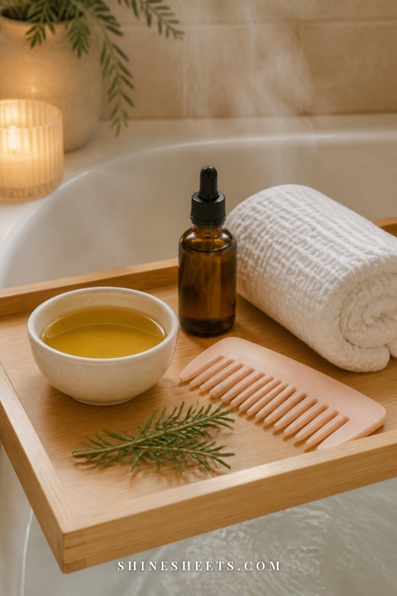 Small cream ceramic bowl of golden hair oil beside a wide tooth comb and a rolled white towel on a bath tray