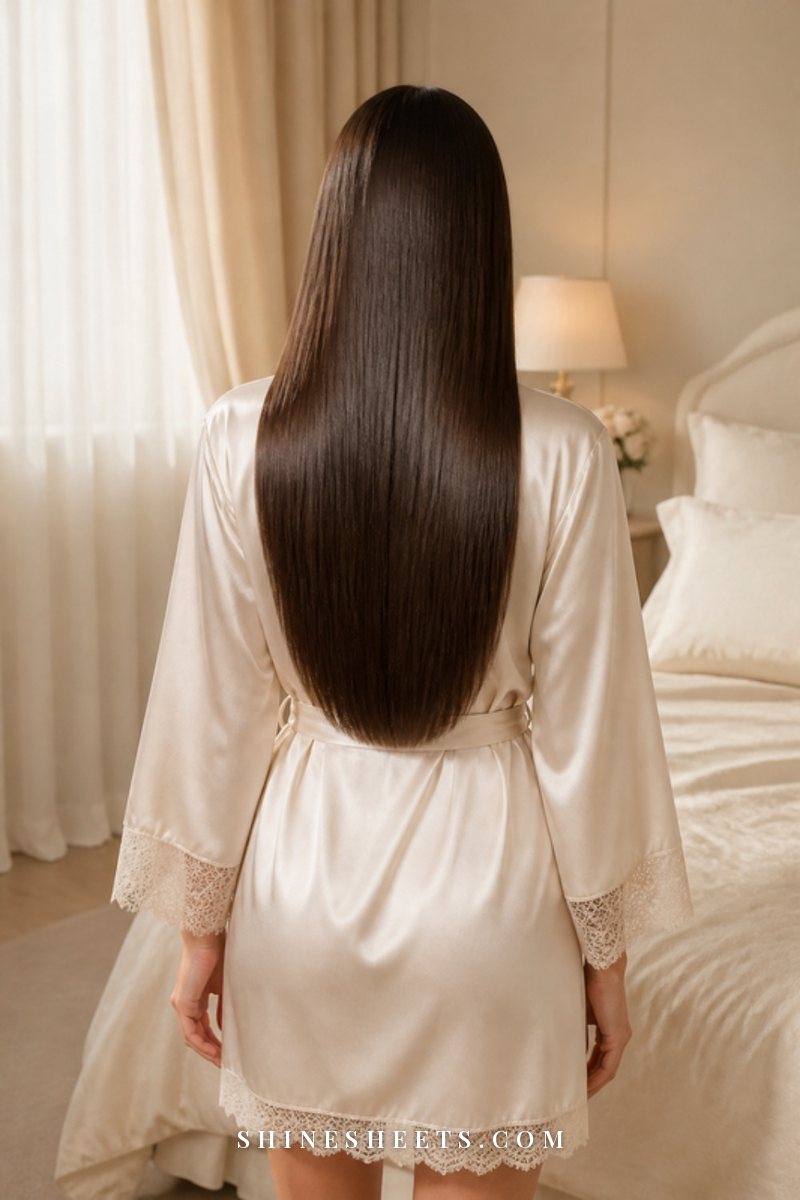 Woman seen from behind with sleek, smooth, glossy long dark hair over a cream silk robe in soft light