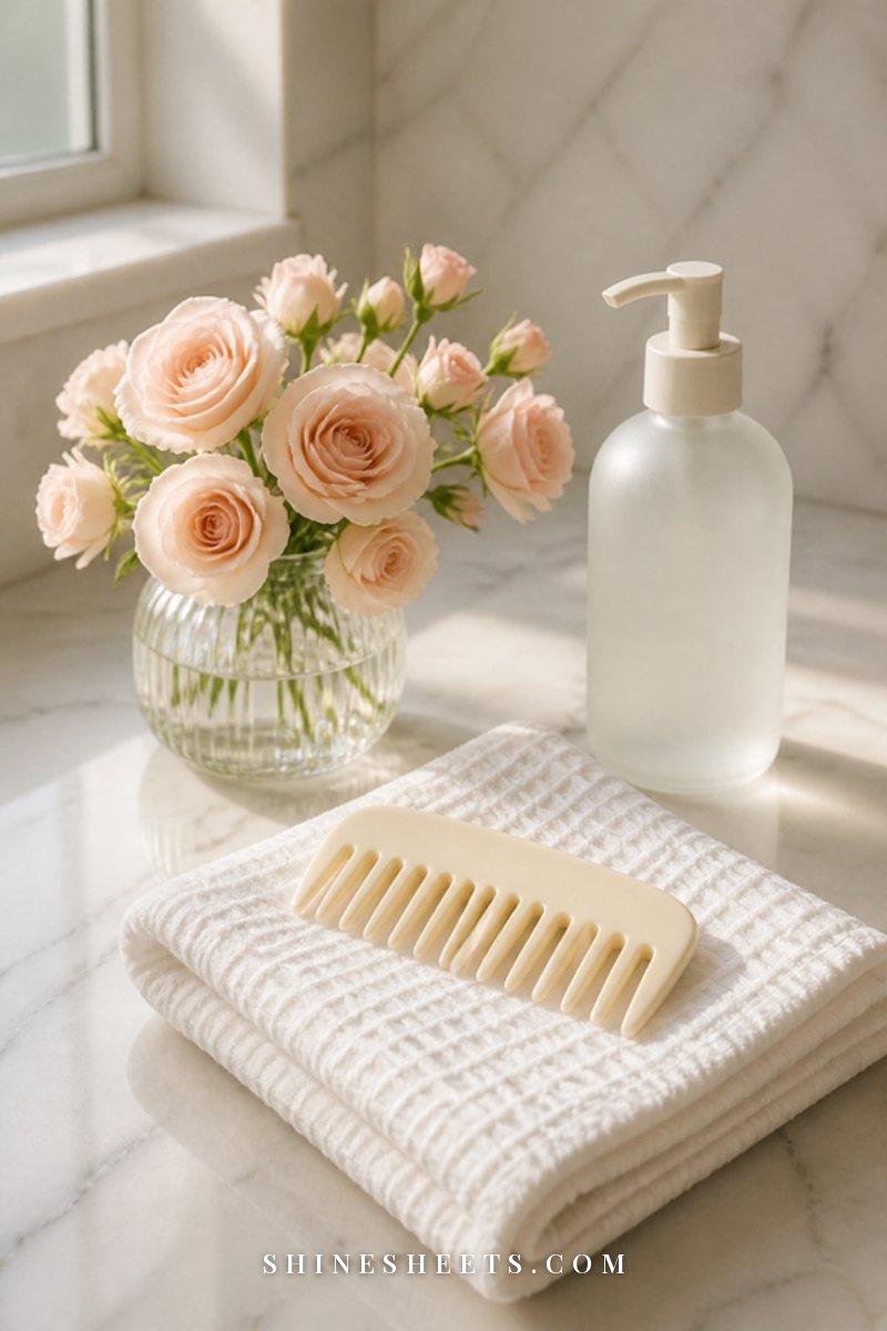 Cream wide tooth comb resting on a folded white waffle towel on a marble vanity with a small vase of blush flowers