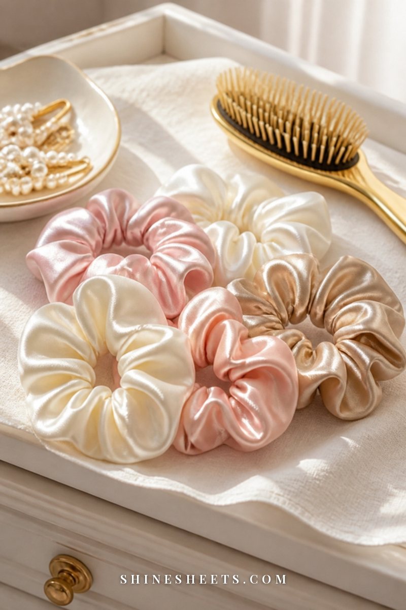 A small pile of silk scrunchies in cream, blush and champagne on a white linen vanity tray