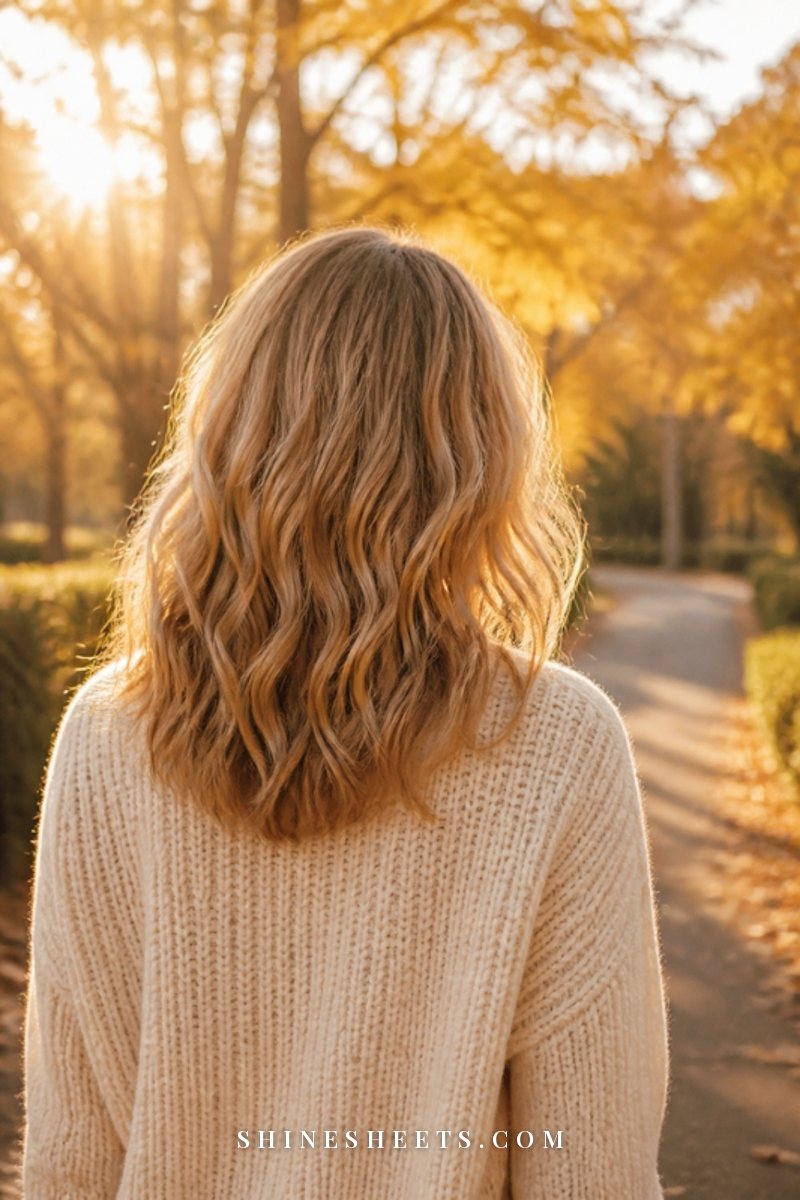 Woman seen from behind with soft, healthy wavy hair wearing a cream knit sweater in golden autumn light