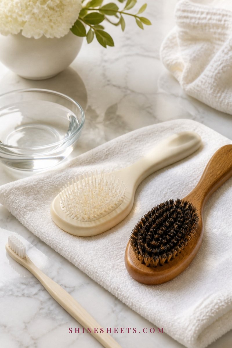 A clean paddle brush and a boar bristle brush drying bristle-side down on a white towel beside a small glass bowl of water