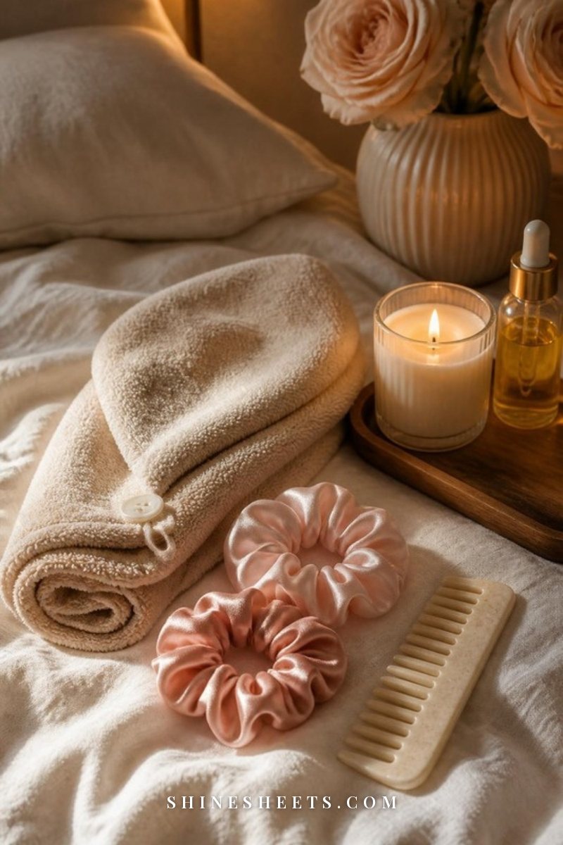 A cream vanity tray with a detangling brush, a wide-tooth comb and silk scrunchies neatly arranged beside a glass candle