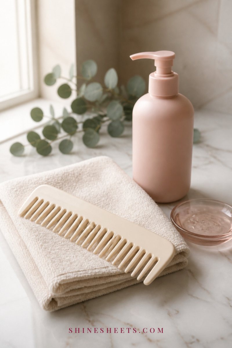 A smooth ivory wide-tooth comb on a white waffle towel beside a cream bottle on a bathroom shelf