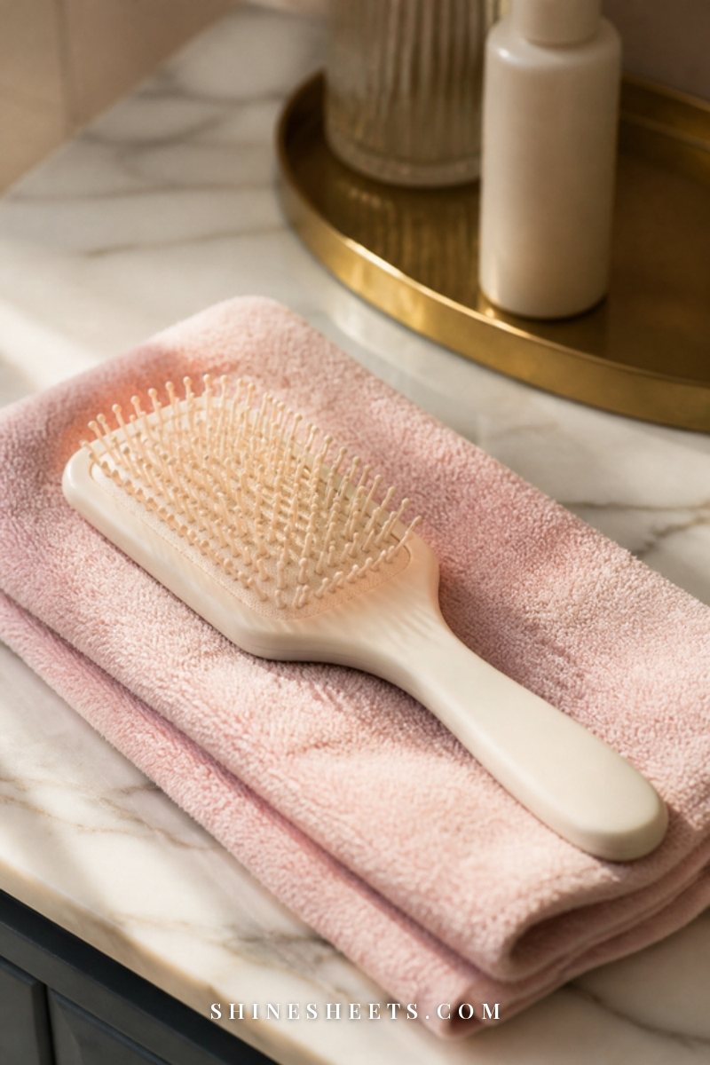 A wide cream paddle brush with soft cushioned base resting on a folded blush towel on a marble vanity