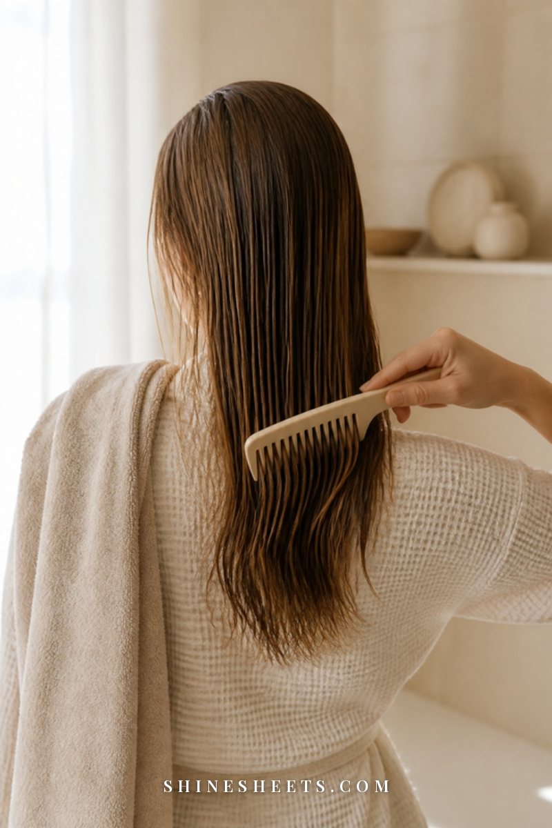 A woman seen from behind gently brushing the ends of her long glossy hair in a soft cream bedroom