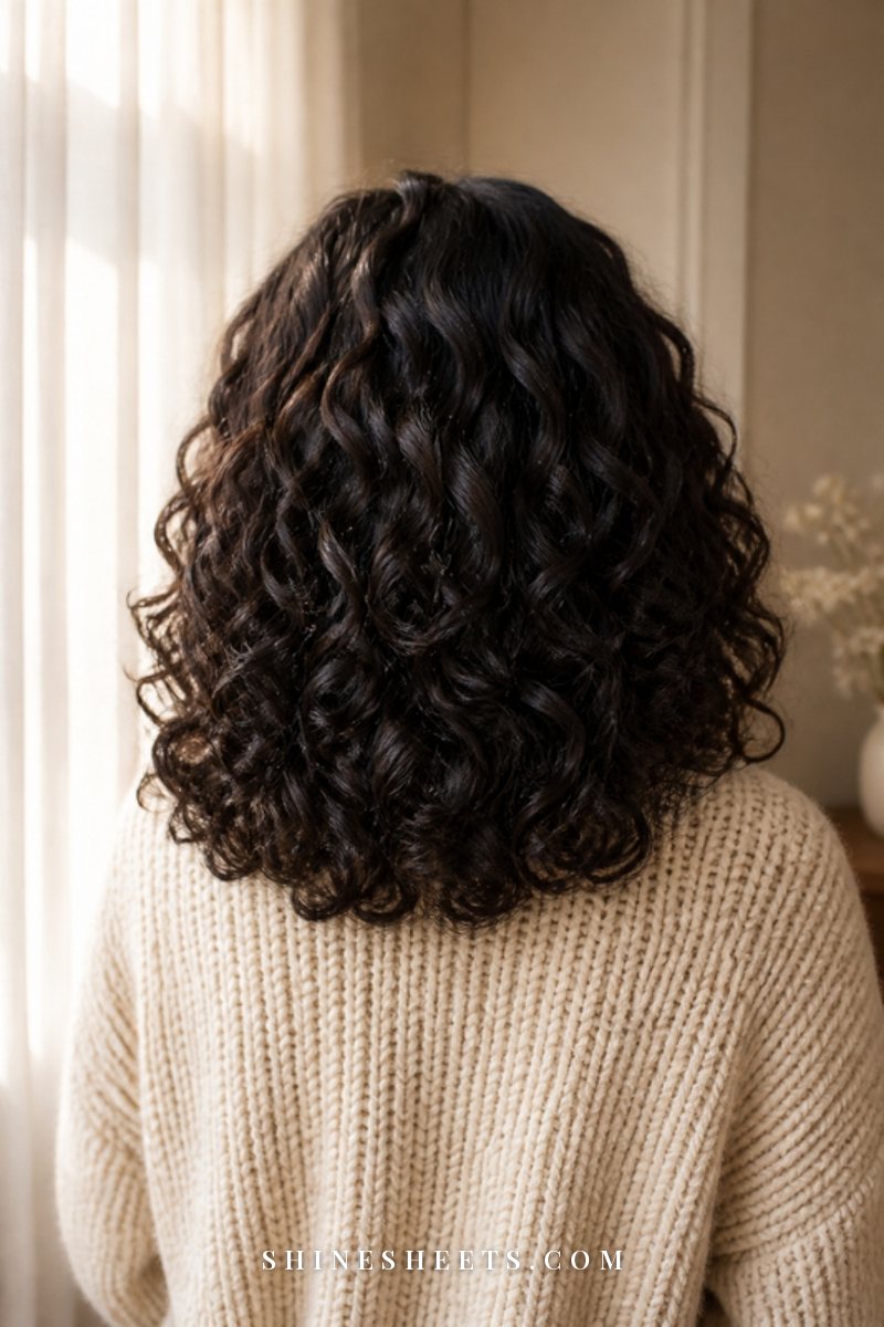 A woman seen from behind with soft defined curls, wrapped in a cream robe, in a bright bathroom with plants