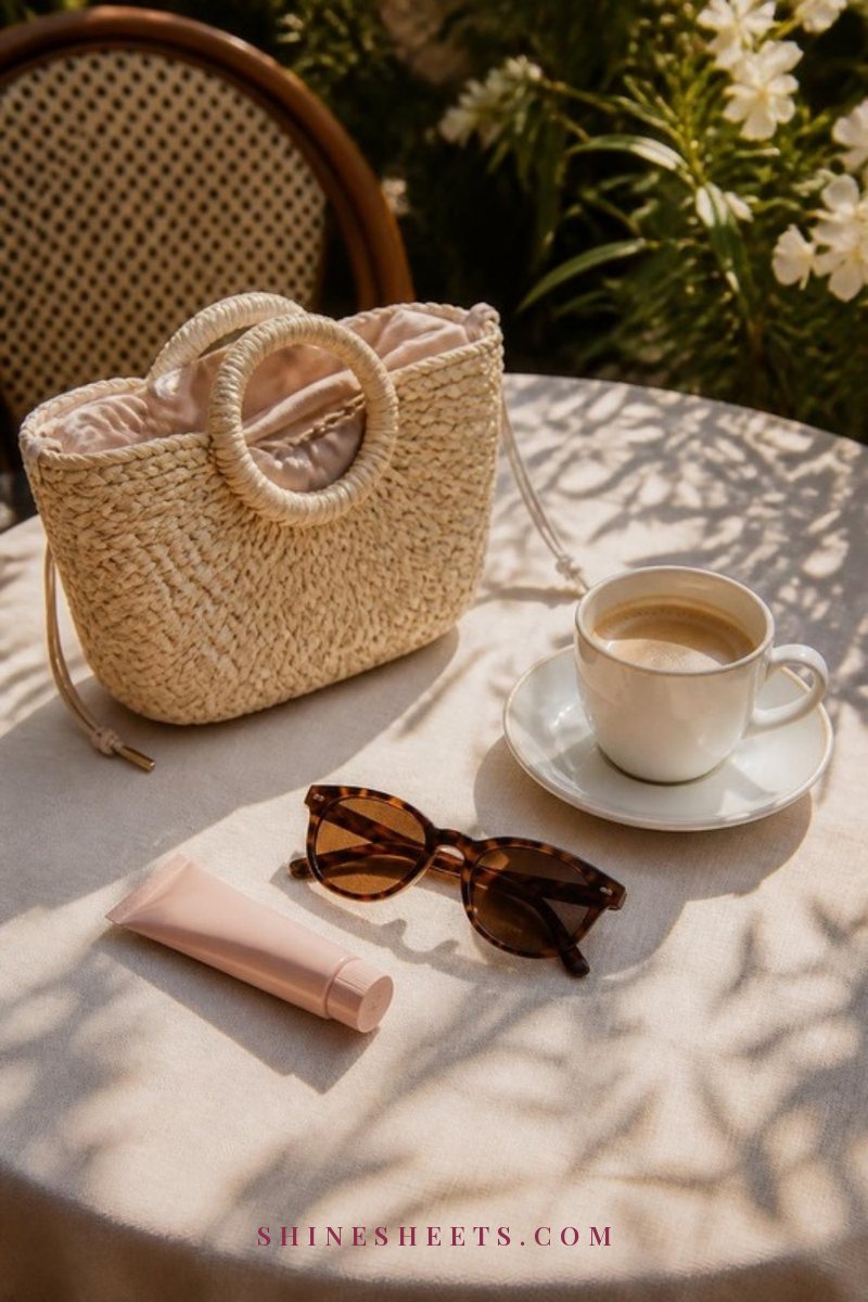A blush pink SPF hand cream beside sunglasses and a straw bag on a sunny cream cafe table