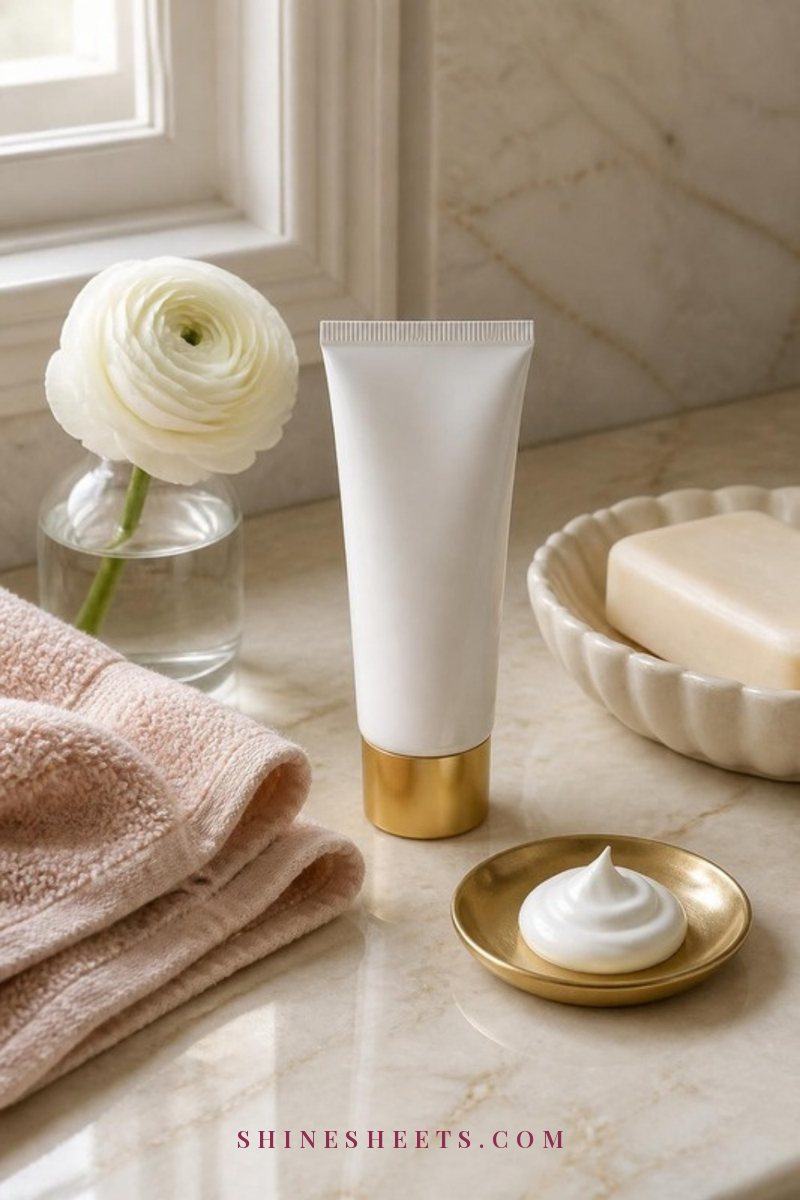 A rich white hand cream tube with gold cap next to a ceramic soap dish on a cream marble bathroom counter