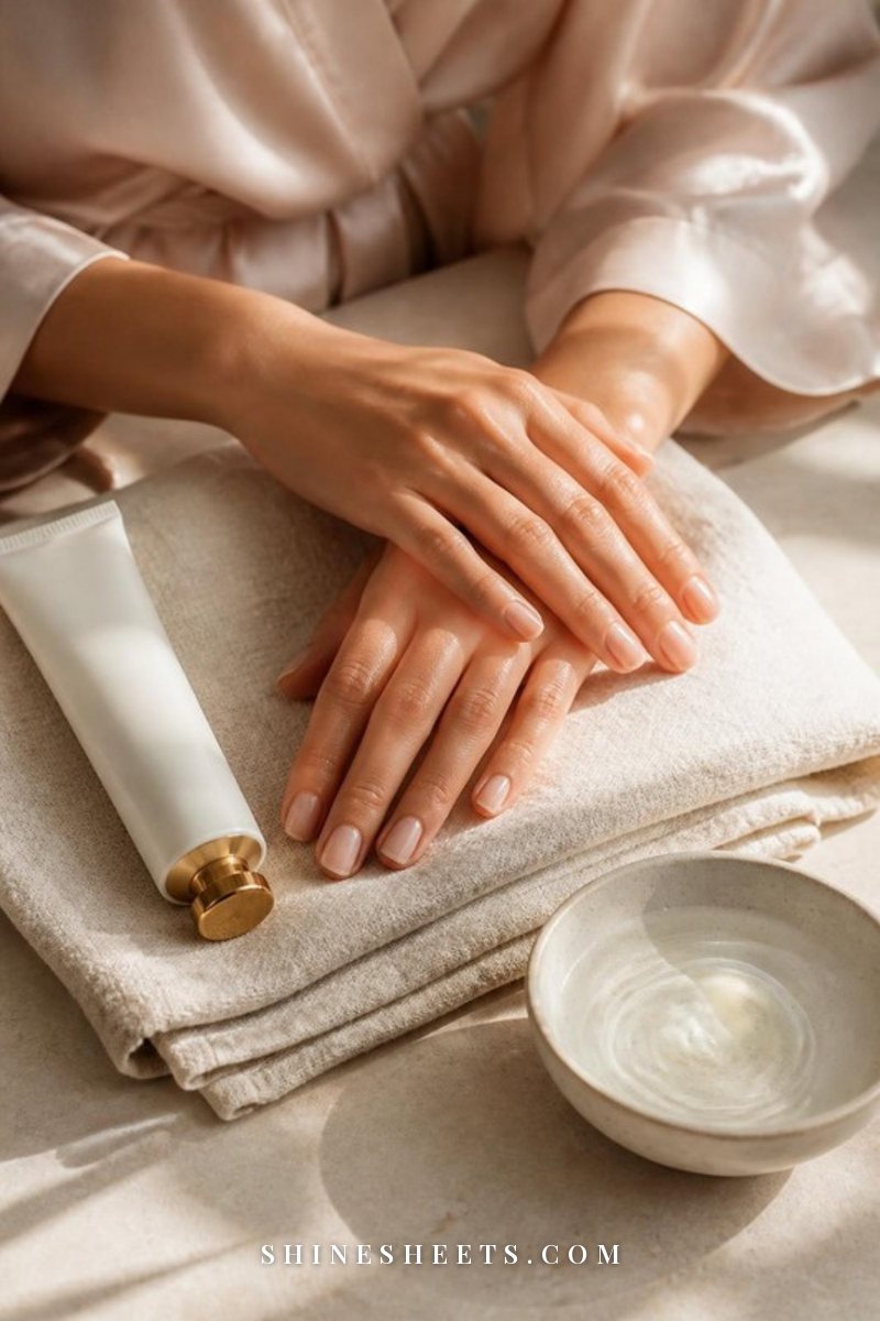 Soft feminine hands resting on a cream linen towel beside a hand cream tube and a small bowl of water in morning light
