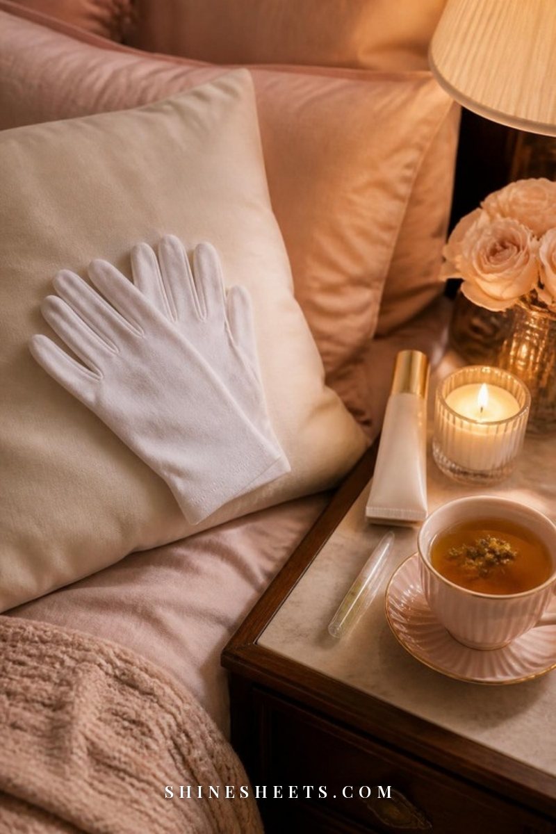 White cotton moisturizing gloves on a cream linen pillow beside a hand cream tube and a lit glass candle on a nightstand