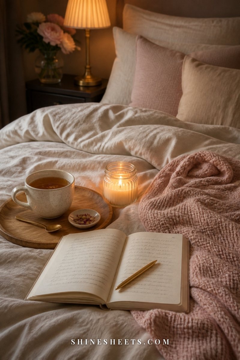A cup of herbal tea, an open cream journal with a gold pen and a lit glass candle on a linen-covered bed at dusk
