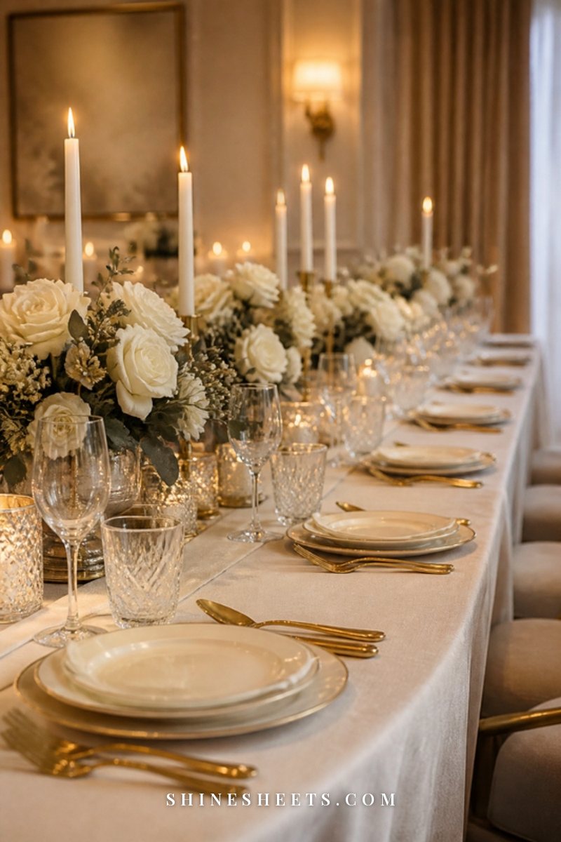 An elegant family dinner table with cream linen, gold cutlery, white flowers and softly glowing taper candles