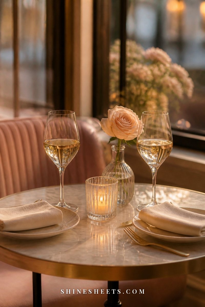 A small round table set for two with two wine glasses, a single candle and a bud vase with a blush rose