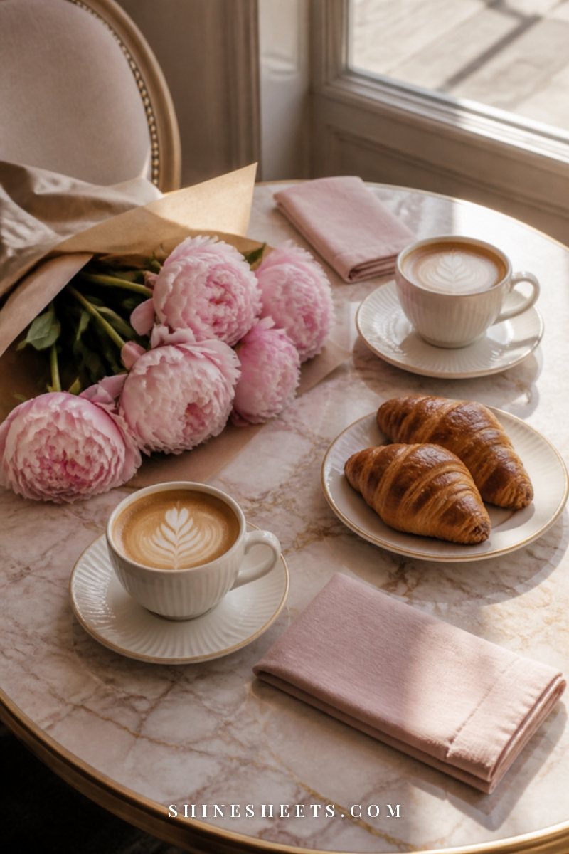 Two cups of coffee, a plate with two pastries and a bunch of pink peonies on a sunny café table for two