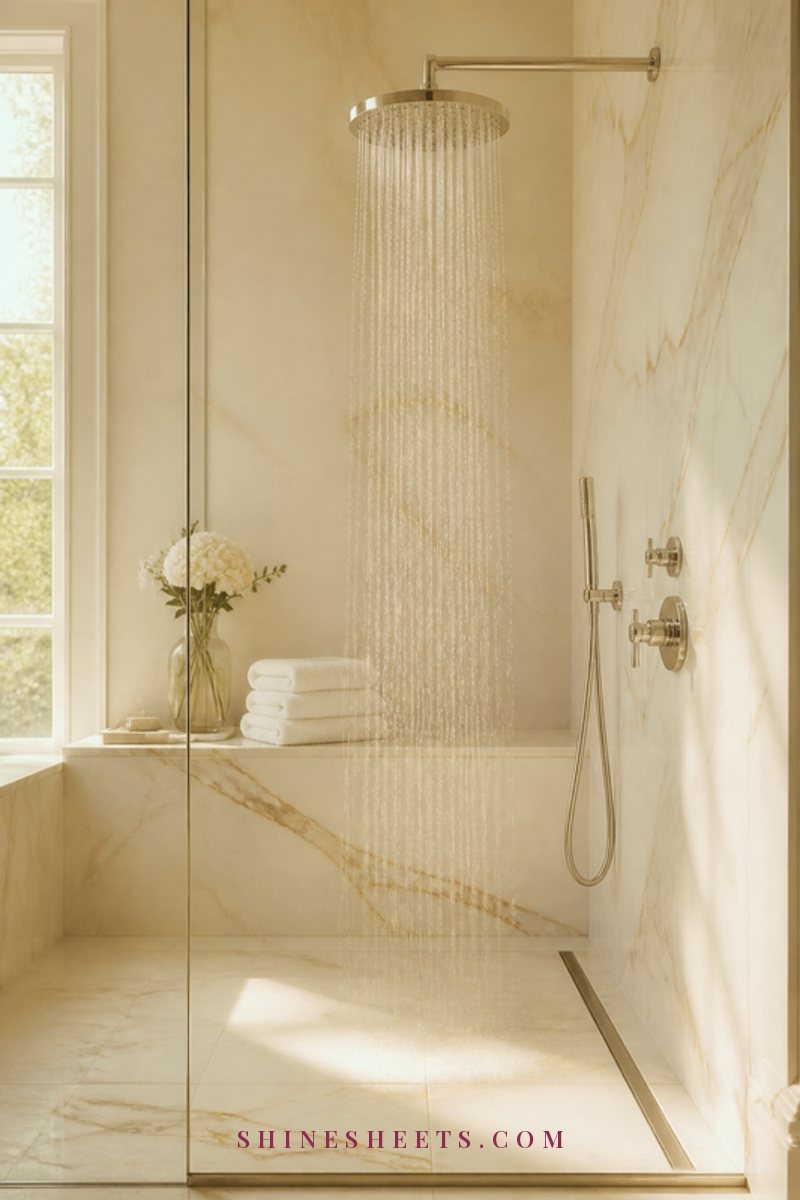 Bright cream bathroom with a gleaming chrome rain shower head and soft white towels on a marble bench in natural light
