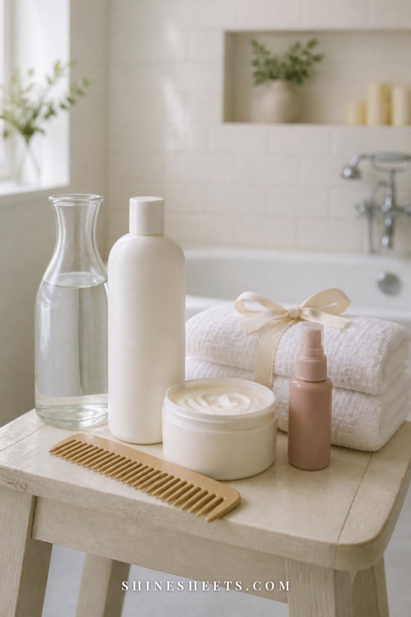 Soft bathroom still life with an unlabeled chelating shampoo bottle, a cream hair mask jar, a wide-tooth comb and folded white towels on a cream stool