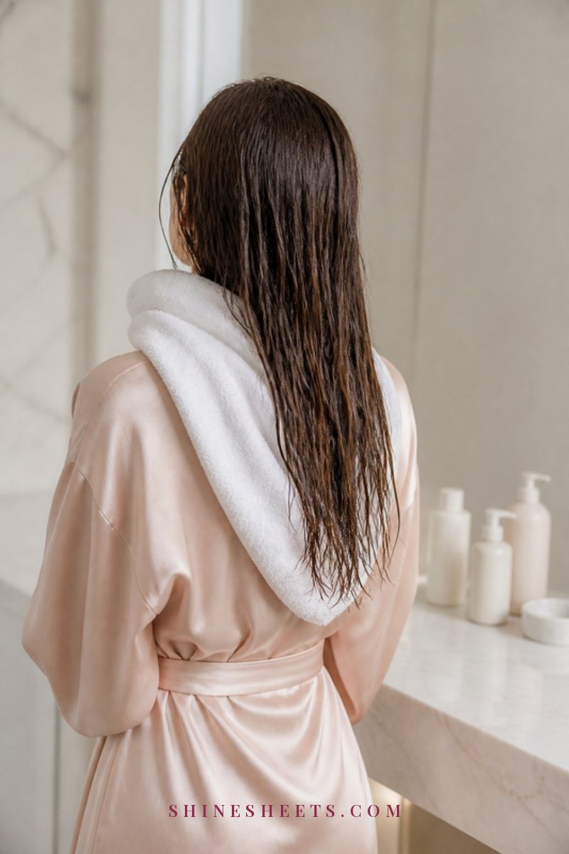 Woman seen from behind with soft, shiny, freshly washed hair wrapped loosely in a white microfiber towel in a bright cream bathroom