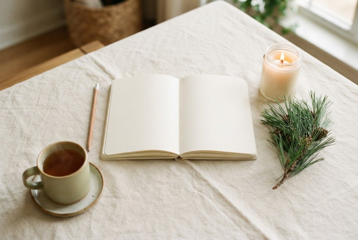 Open blank planner with a pencil, a cup of tea, a sprig of pine and a glass candle on a cream linen tablecloth