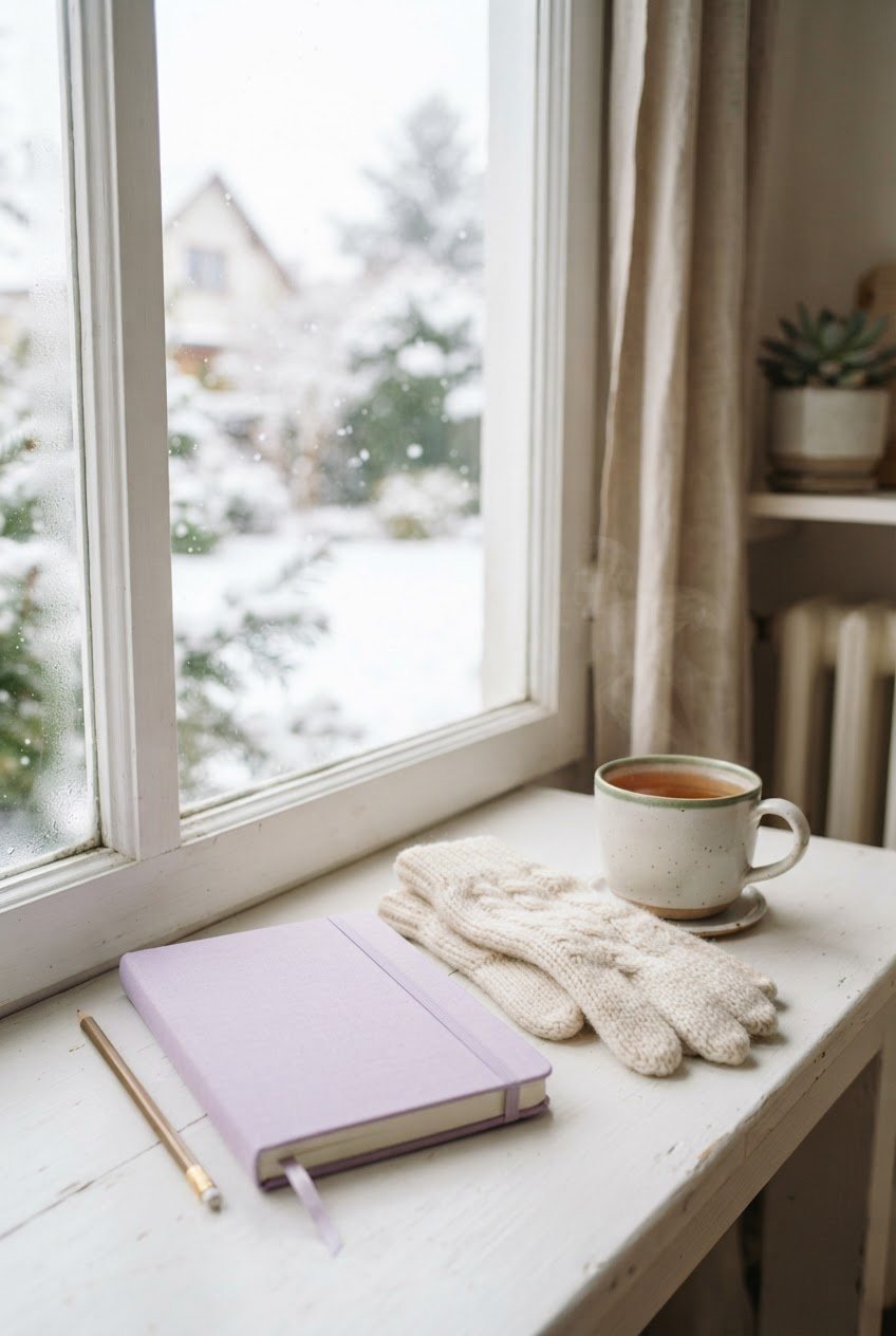 Pastel journal with a pencil, a pair of cream knit gloves and a mug of tea on a windowsill with soft winter light