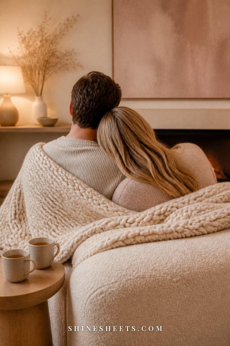Couple seen from behind sitting close on a cream sofa with a blanket over their knees in soft evening light