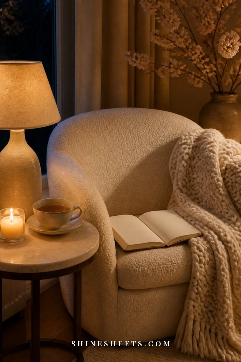 Cozy reading corner with a cream armchair, a soft throw blanket and an open book in warm lamp light