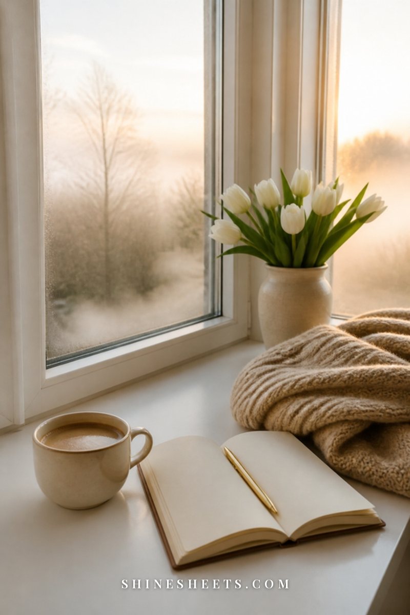 Cream linen journal with a gold pen and a cup of tea on a sunny windowsill