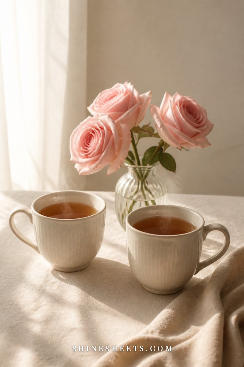 Two cream ceramic mugs side by side on a linen-covered table with soft morning light