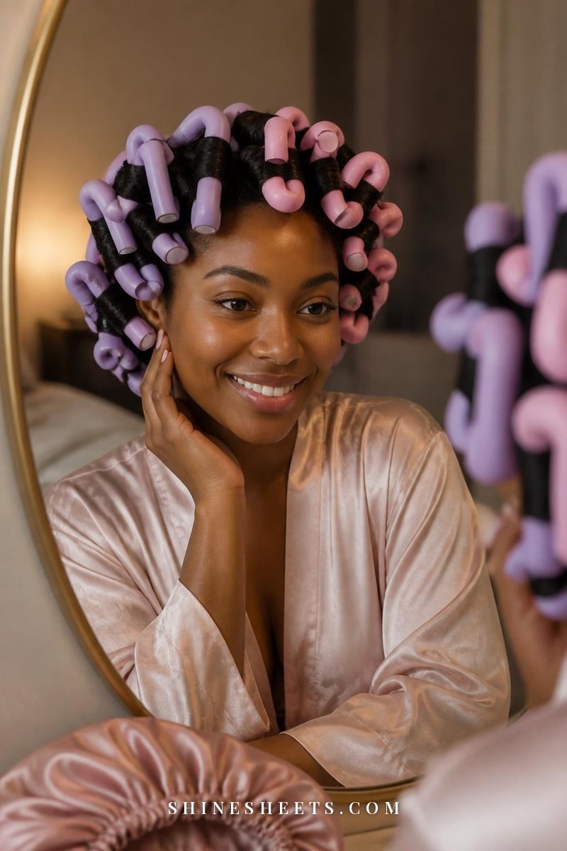 Smiling Black woman with her natural hair set in pastel pink and lilac flexi rods at a vanity