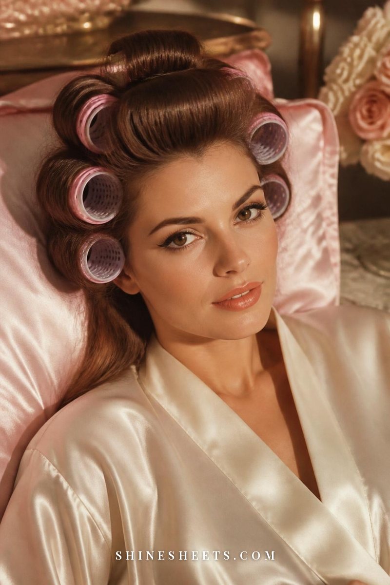 Woman in a silk robe with pastel pink foam rollers set on the crown and sides of her hair