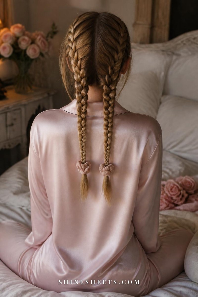 Woman seen from behind with two long French braids for overnight heatless waves