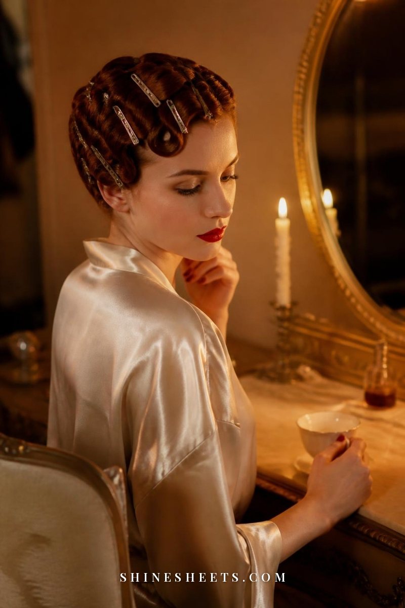 Vintage-style woman with flat pin curls, red lips and satin robe at a candlelit vanity