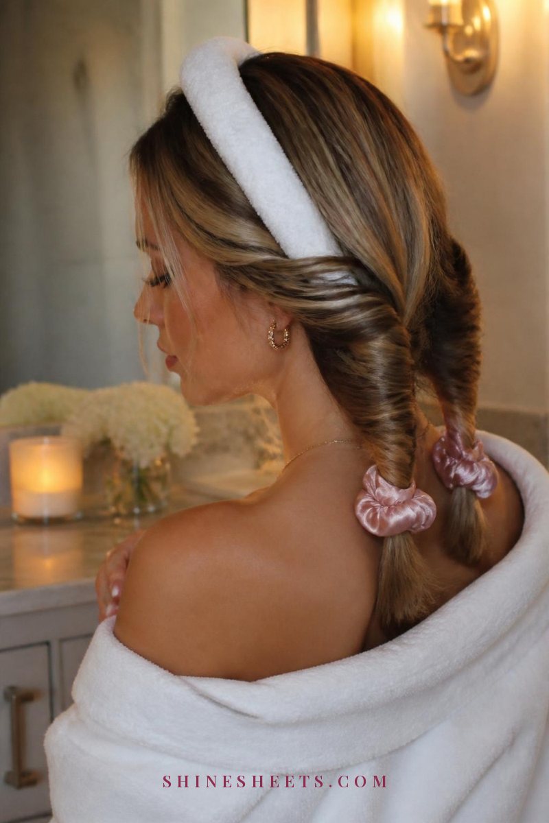 Blonde woman in a white robe with hair wrapped around a fluffy white robe belt and pink satin scrunchies