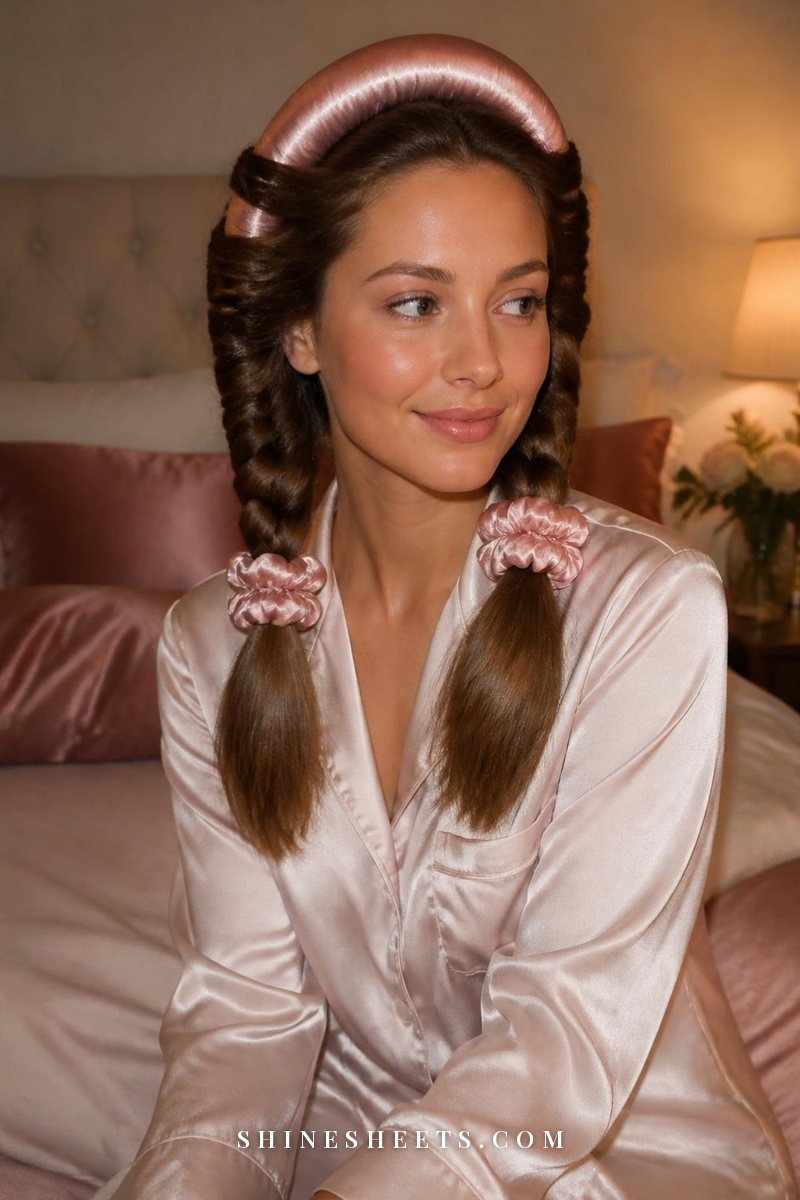Woman in silk pajamas with hair wrapped around a pink satin heatless curling rod, ends tied with scrunchies