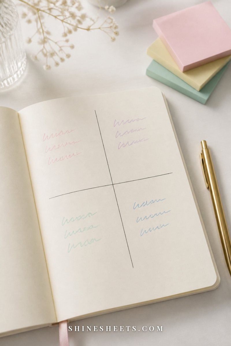 A flat lay of a cream notebook with hand-drawn columns, a gold pen, a dried rose and a cup of tea on linen