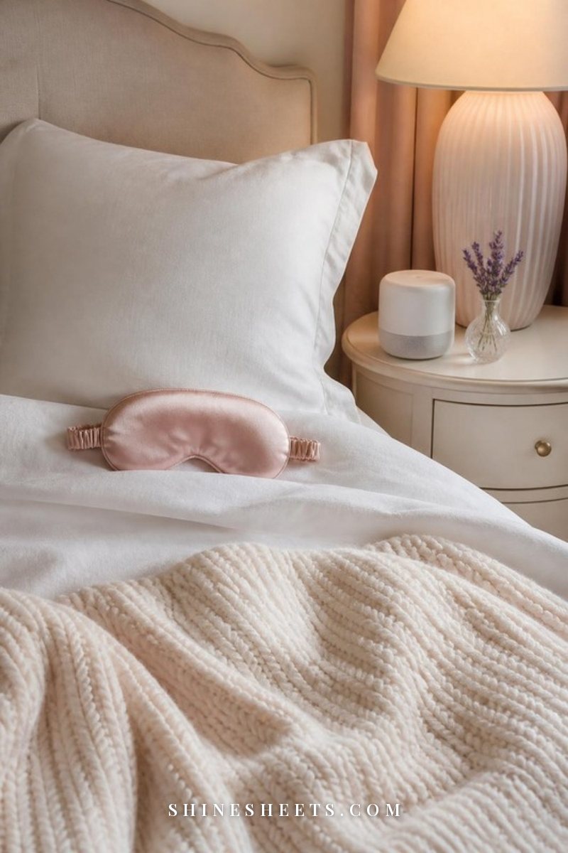 A made bed with cream linen bedding, a blush satin sleep mask and a cup of tea on the nightstand in evening light