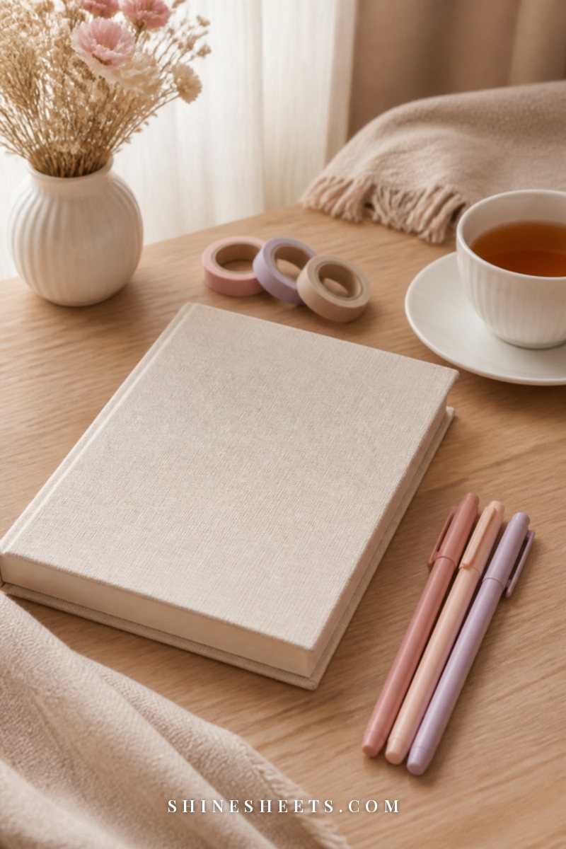 A neatly organized cream desk with a closed planner, a cup of tea and a glass candle in soft morning light