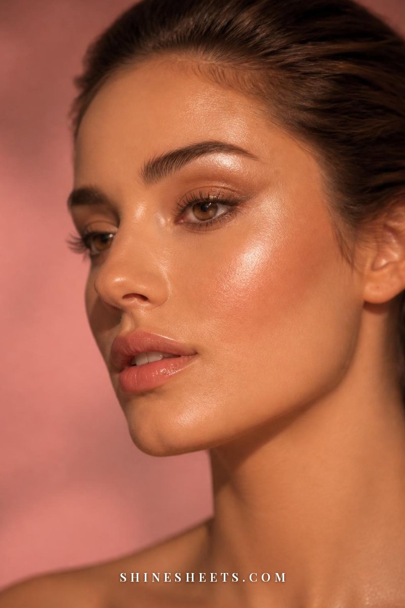 Close-up of a soft highlighter glow catching the light on the top of the cheekbone