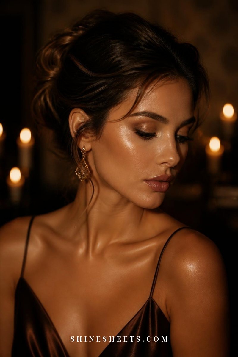 Evening highlighter look with radiant cheekbones and a luminous glow for warm light