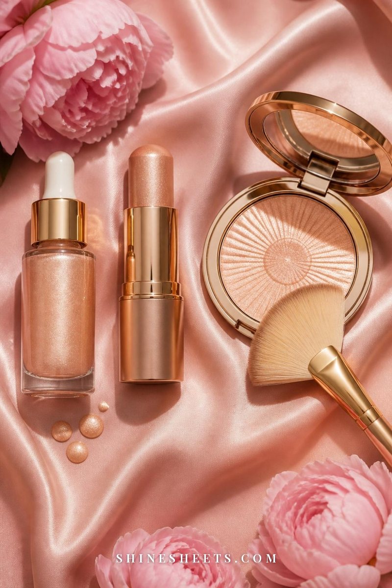Liquid, cream and powder highlighter formulas arranged together in a flat lay