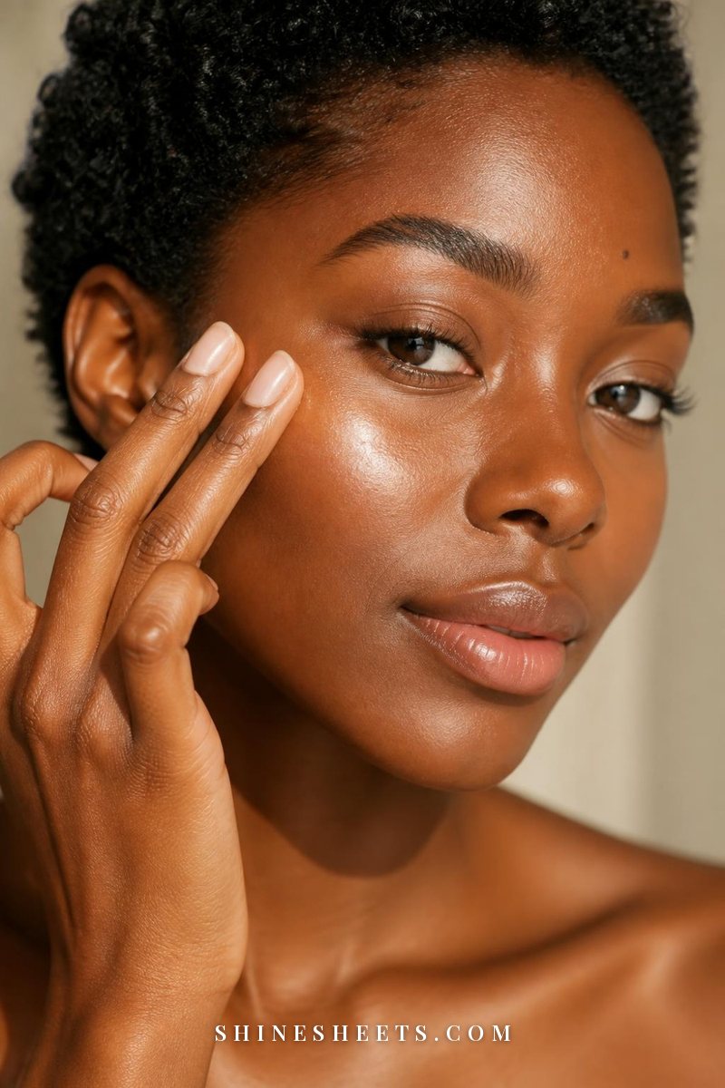 Woman with deep skin pressing cream highlighter onto her cheekbone with a fingertip