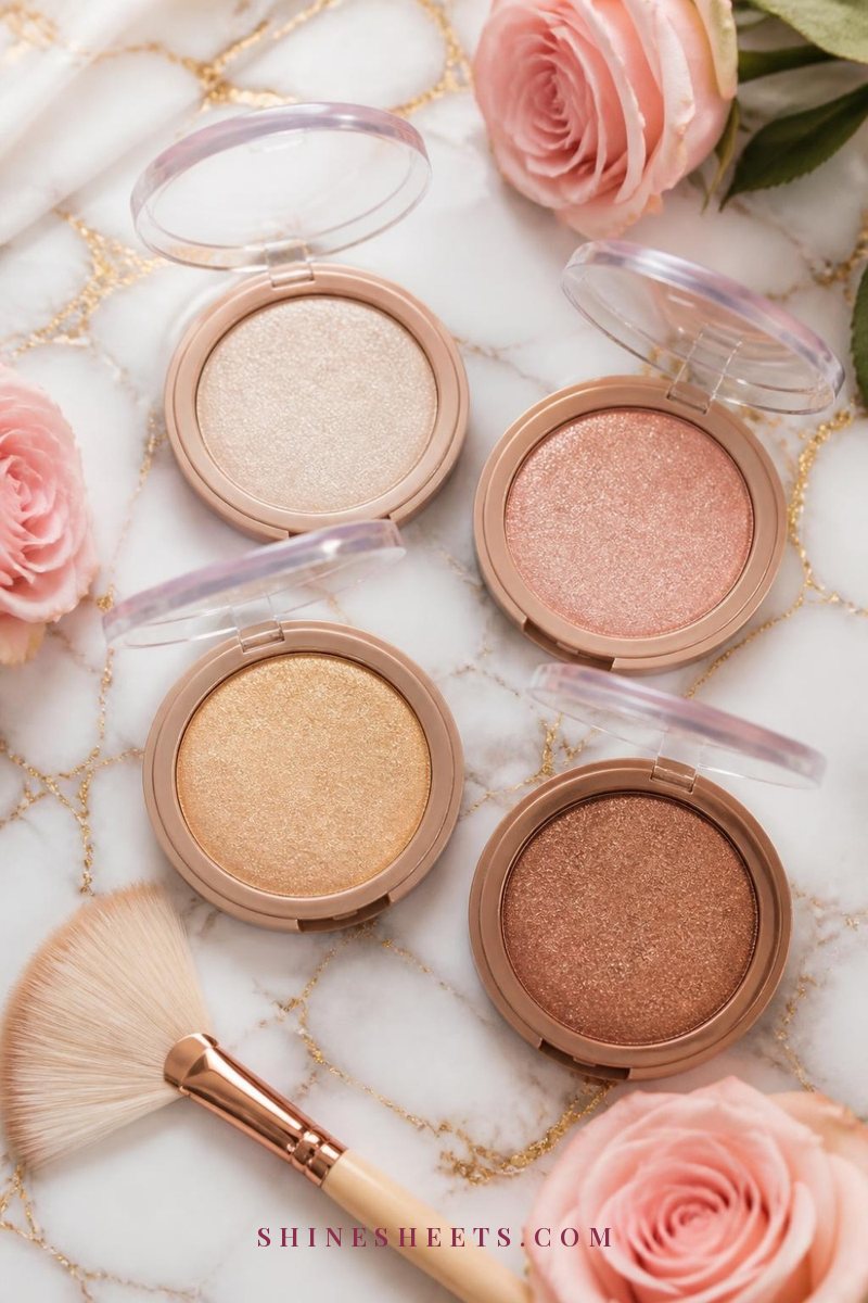 Powder highlighters in champagne, rose gold, gold and bronze shades with a fan brush