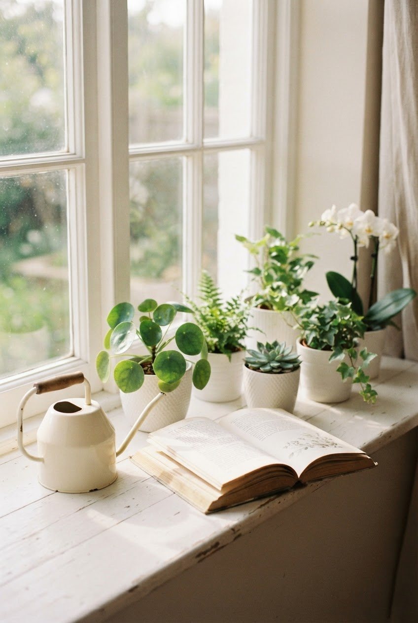 Small houseplants in white ceramic pots, a watering can and an open book on a sunny windowsill
