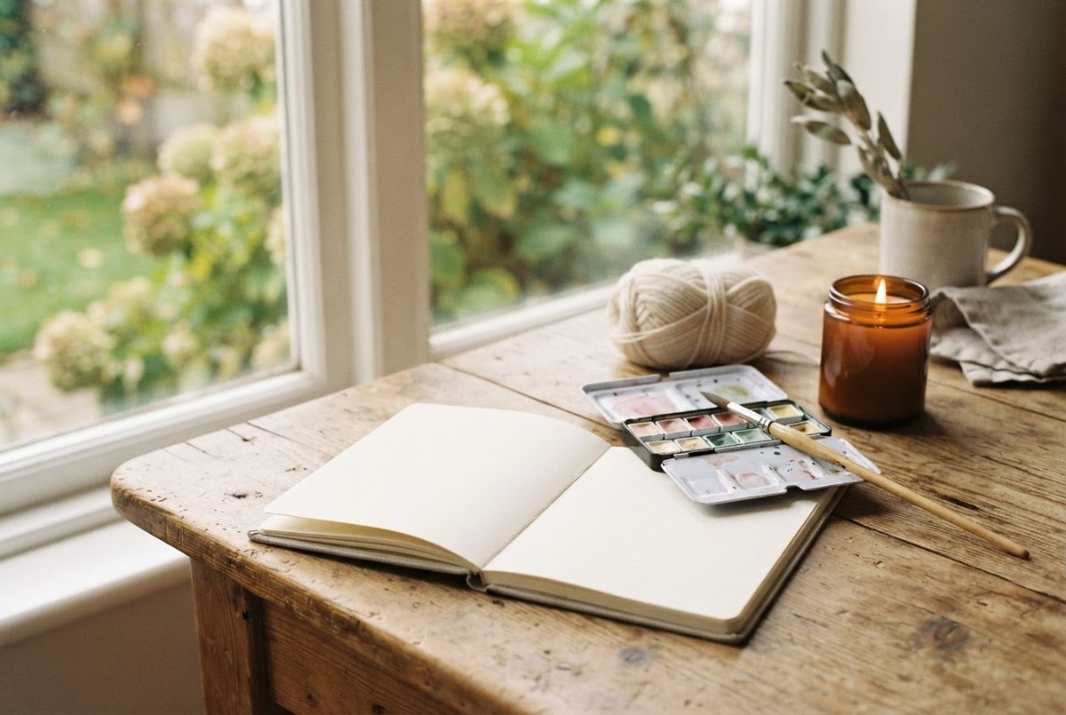 Open sketchbook, a small watercolor palette, a ball of cream yarn and a glass candle on a wooden table by a window