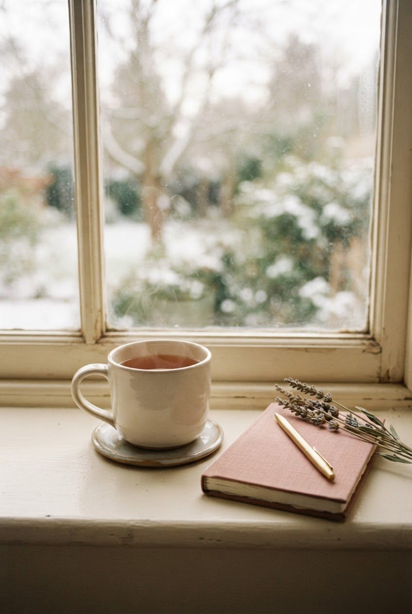Cup of tea in a cream mug, a small lavender notebook and a pen on a windowsill with soft winter light
