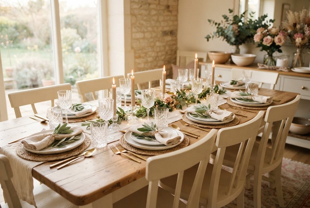 Festive dinner table with cream linen napkins, glass candles and sprigs of greenery, chairs empty