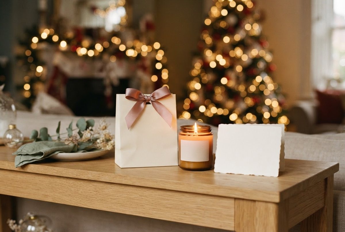 Small cream gift bag with a satin bow, a glass jar candle and a folded ivory card on a wooden console table