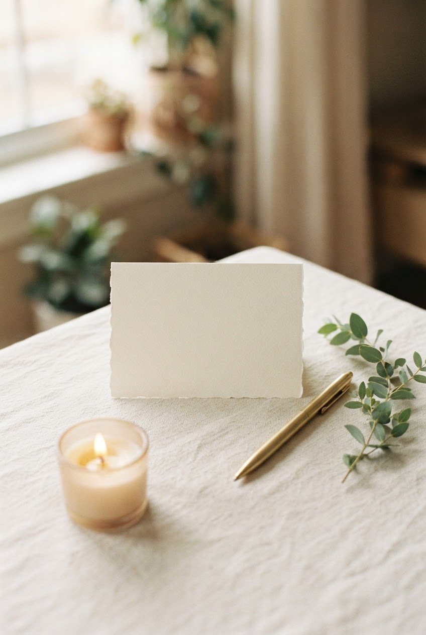 Ivory thank-you card and a gold pen beside a lit glass candle and a sprig of eucalyptus on linen